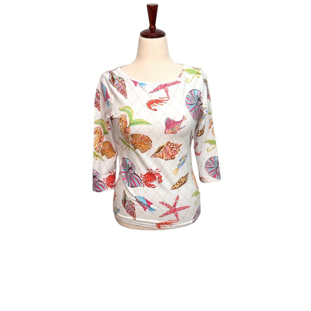 Talbots Underwater World 3/4 sleeve bateau neck tee top white multi sea motif S